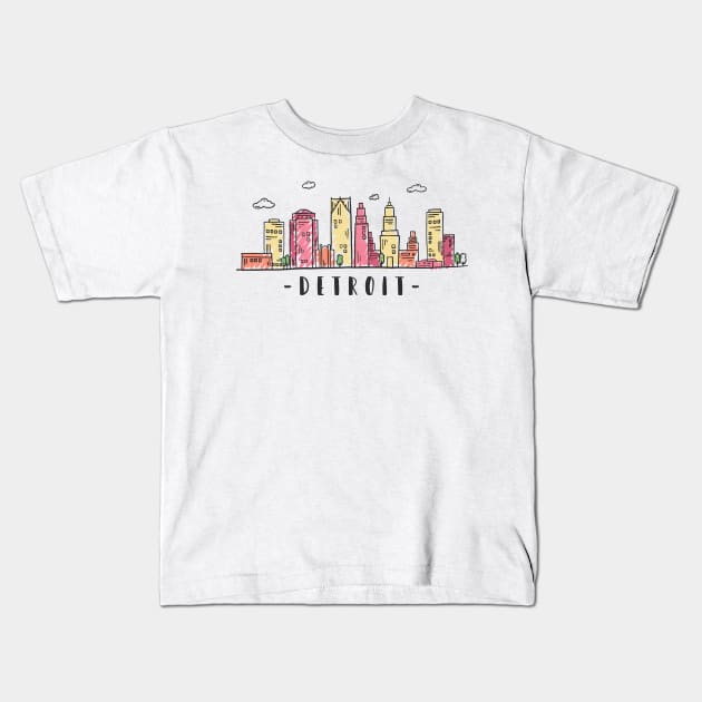 Detroit USA Watercolor Skyline Kids T-Shirt by LR_Collections